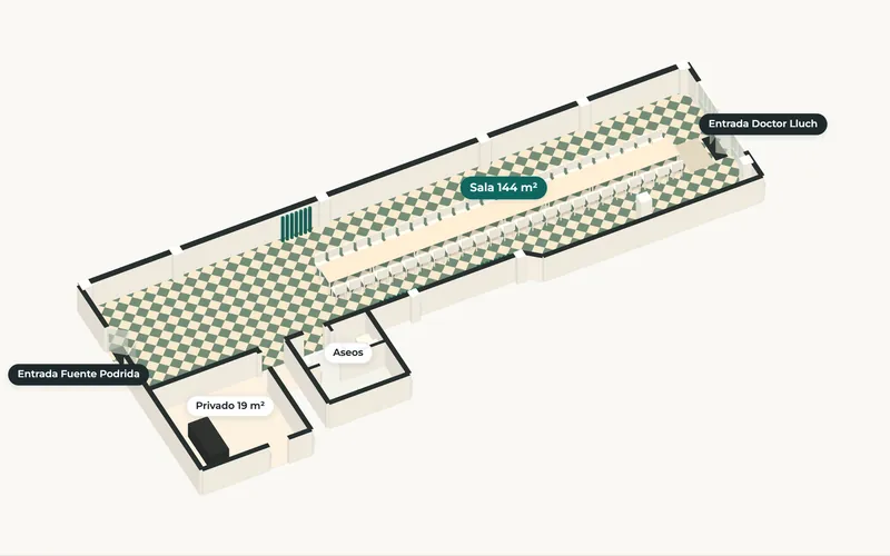 Plano en 3D de Lacasa Multiespacio: sala de 144 m² con entradas por Doctor Lluch y Fuente Podrida, aseos y sala privada al fondo